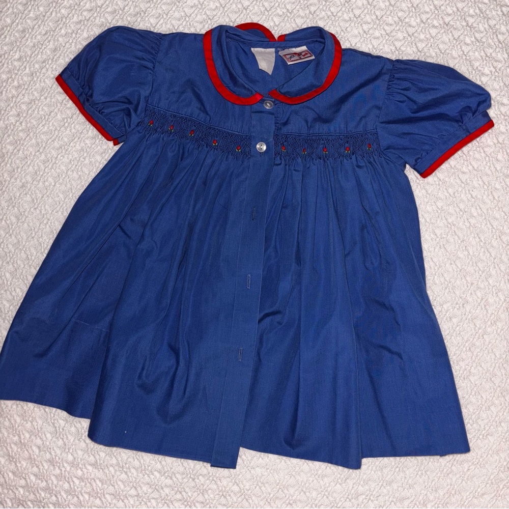Petite Ami vintage baby dress royal blue red trim smocked front button